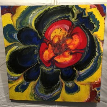 Psychedelic Primaries O'Keeffe like abstract fluid acrylic painting.